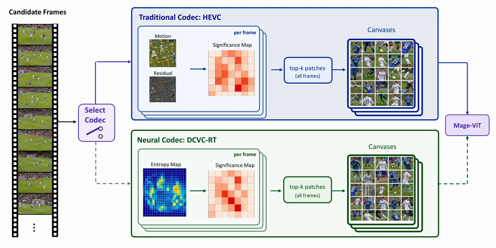 Codec-driven patch selection: HEVC motion and residual or the DCVC-RT entropy map give a significance map; top-k patches are packed into canvases for Mage-ViT